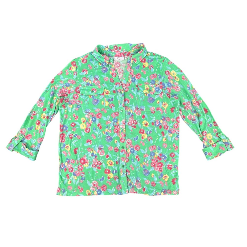 Kim Rogers Womens Large Green Pink Floral Button Up 3/4 Sleeve Knit Top Blouse